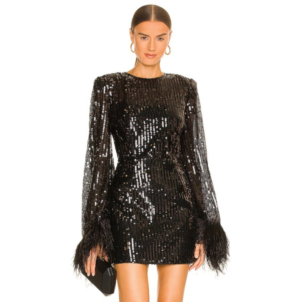 Bronx and Banco Black Sequin Mini with Feather Trim - Picture 2 of 6